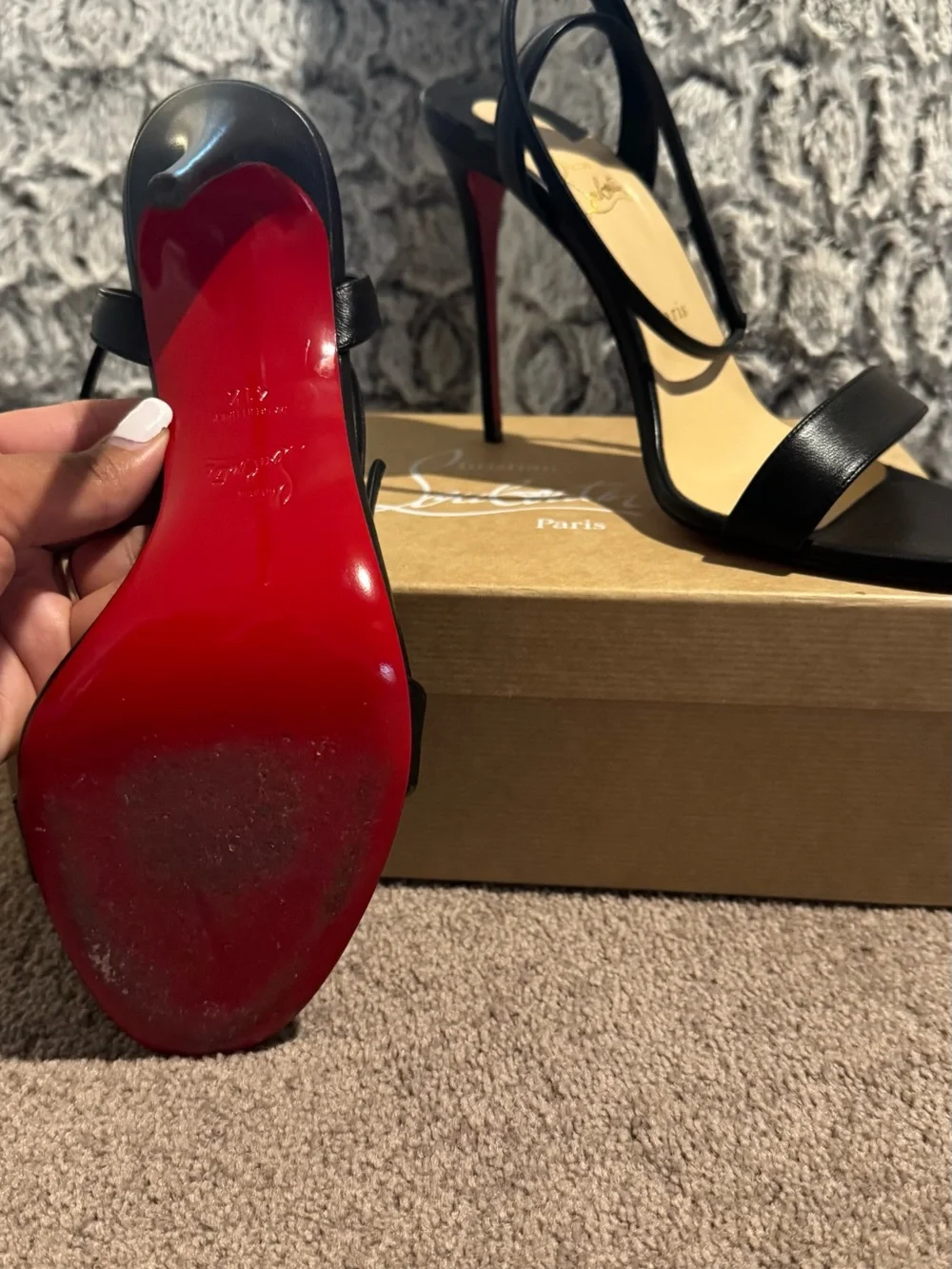 Christian Louboutin Black Patent Leather Strappy Slingback Heels with Red Soles